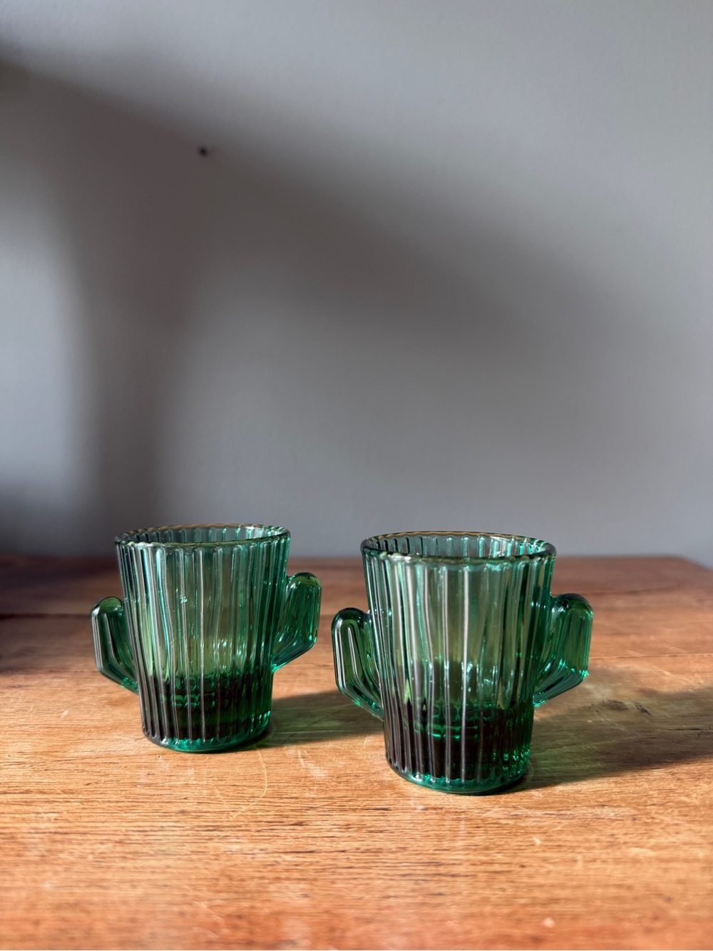 Set of 2 Green Cactus Shot Glasses | Ribbed Glass Barware